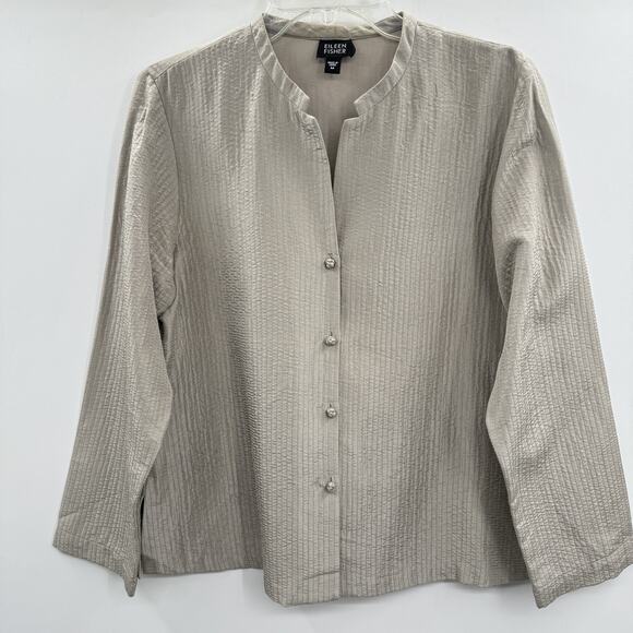 Eileen Fisher Silk Blend Textured Button Blouse Sz M Taupe Old Money Luxury - Picture 1 of 11